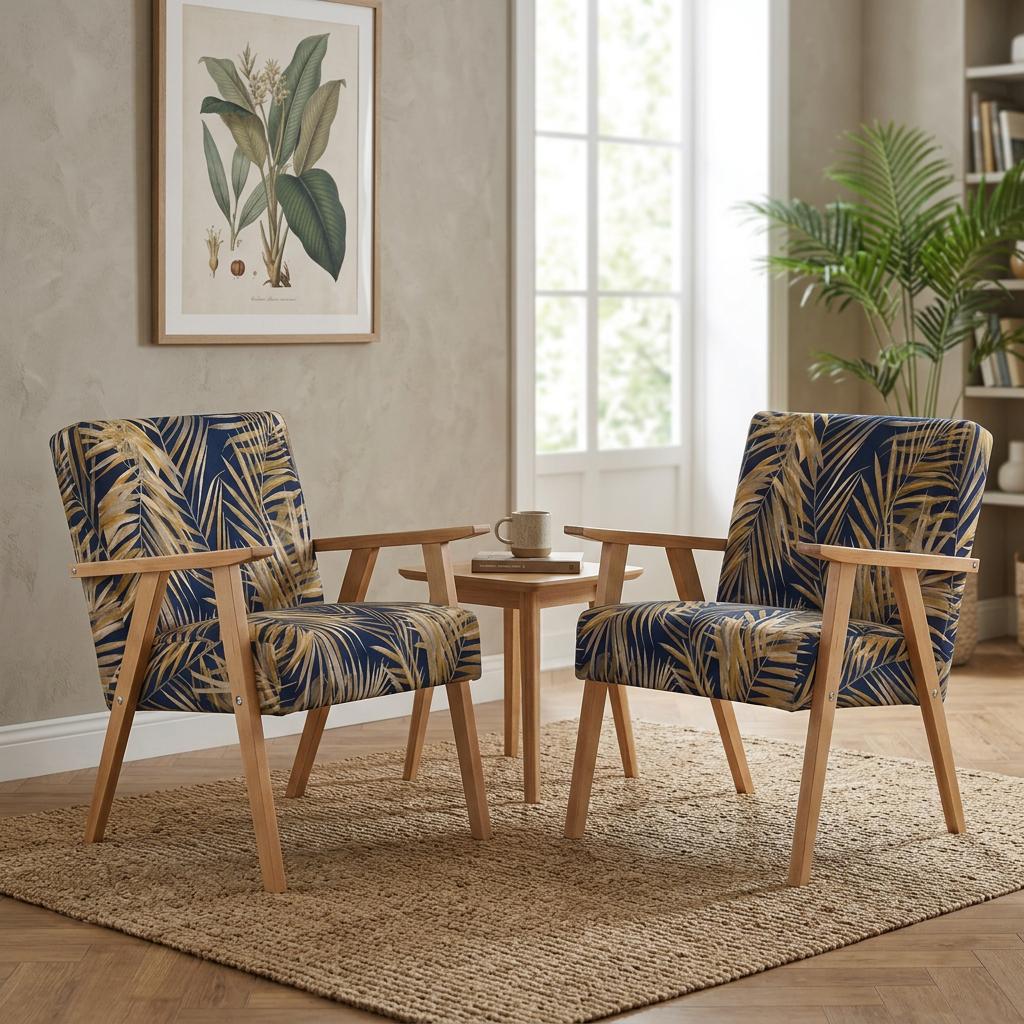 2er-Set Retro-Sessel Soler mit Veloursprints und Holzarmlehnen – Family Meble
