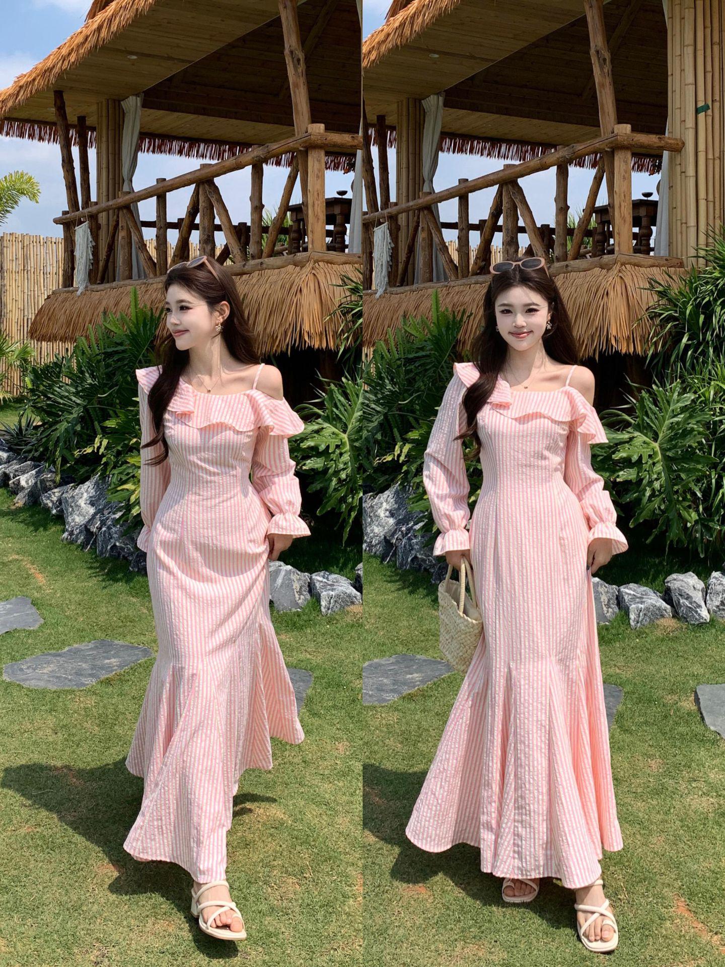 Korean Style Plus Size Off-Shoulder Heart Stripe Fishtail Dress with Long Sleeves M