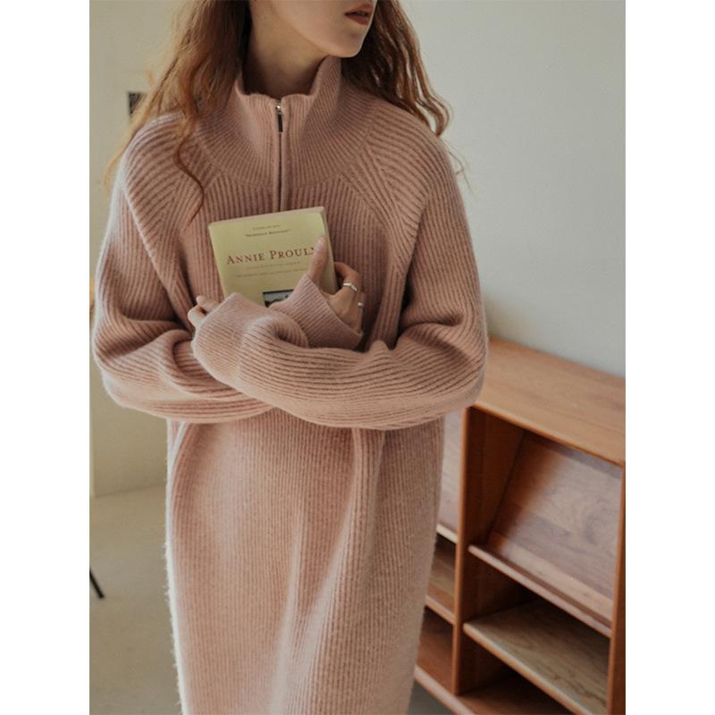 Lazy wind medium and long lapel loose sweater skirt women's autumn and winter inner cover bottom knitted dress women