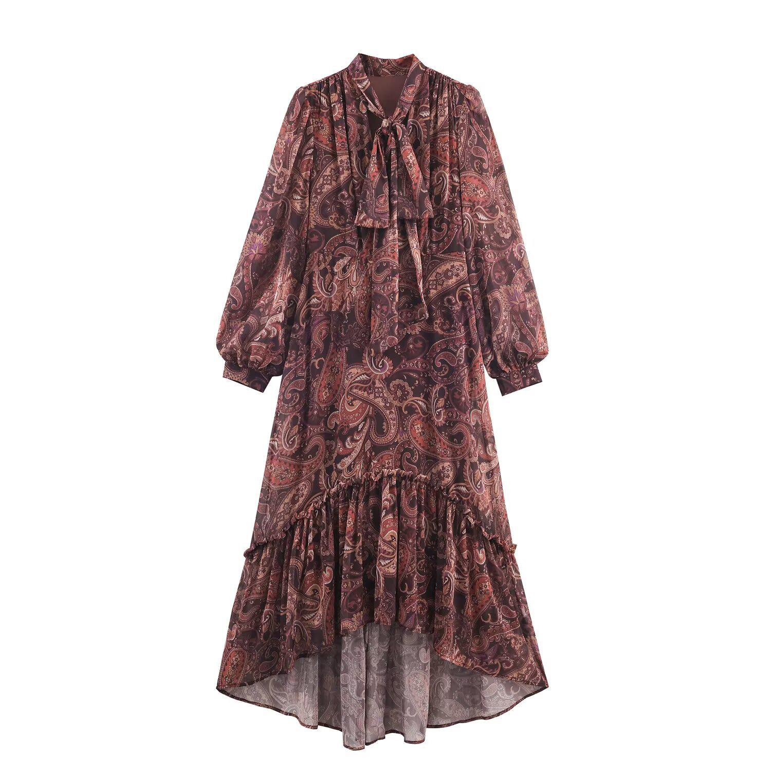 European Style French Women s Versatile Irregular Ruffled Lantern Sleeve Long Dress S цветочный