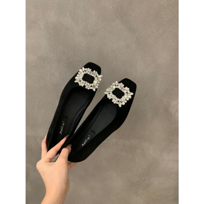 Flat Bottom Silver High-end Square Head Rhinestone Single Shoes Women's Shoes 2025 New Summer Black Commuter Beanie Shoes