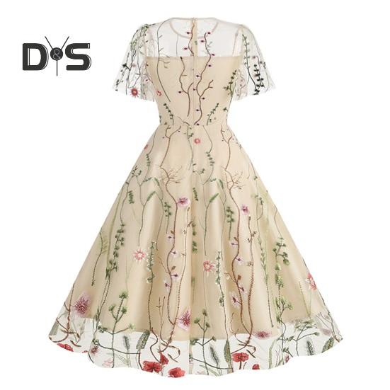 Women Evening Dress Double-layer Flower Embroidery Mesh A-line Big Swing Short Sleeves O Neck Back Zipper Closure Prom Party Midi Dress
