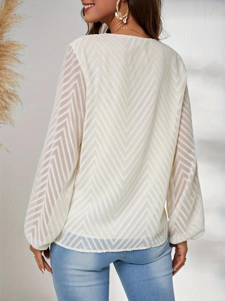 Spring/Autumn V-Neck Geometric Jacquard Lantern Sleeve Women's Shirt