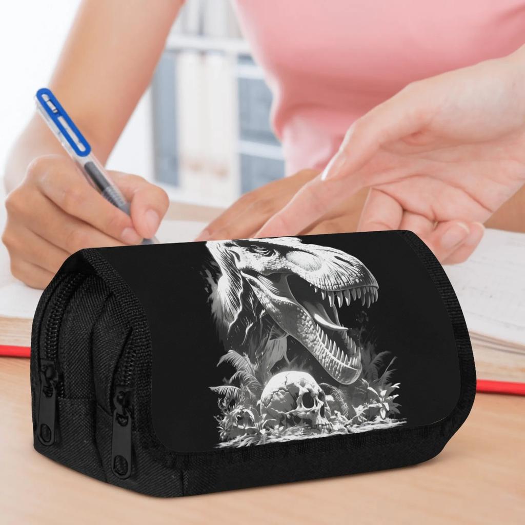 Packing Organizers 1pc Double Layer Flip Pencil Case - T-Rex And Skull, Large Capacity, Portable Polyester Pen Storage Bag with Zipper Closure, Ideal