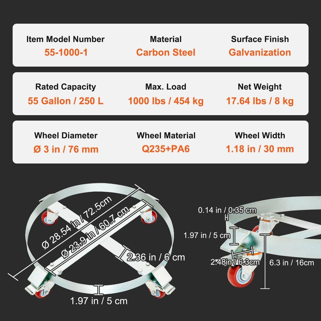 55 Gallon Heavy Duty Drum Dolly, 1000lbs Load Capacity, Barrel Dolly Cart Drum Caddy, Non Tipping Hand Truck Capacity Dollies with Steel Frame 4