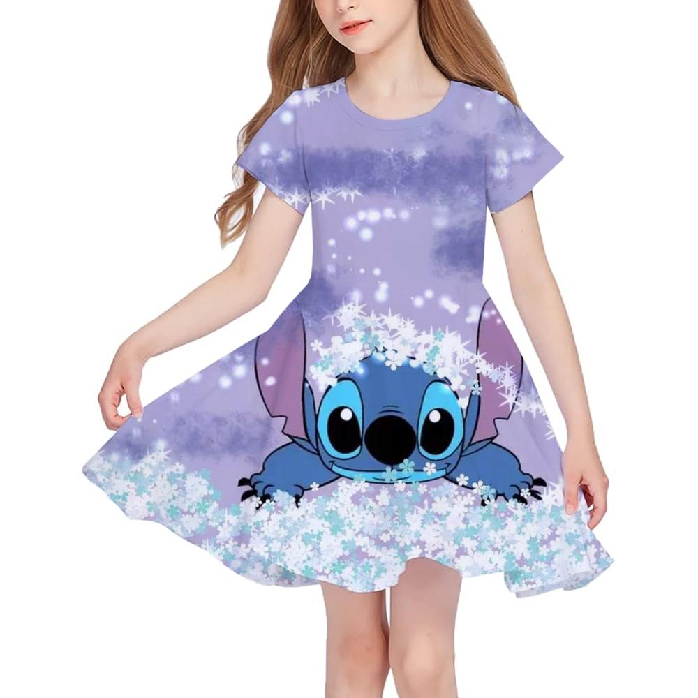 Stitch Summer Girls Skirt Short Sleeved Dress 3d Printed Cartoon Princess Cute Children's Fashion Party Trend Clothing