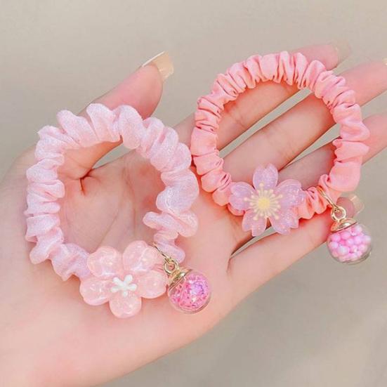 2Pcs Hair Tie High Elasticity Glossy Fabric Hair Rope with Transparent Cherry Blossom