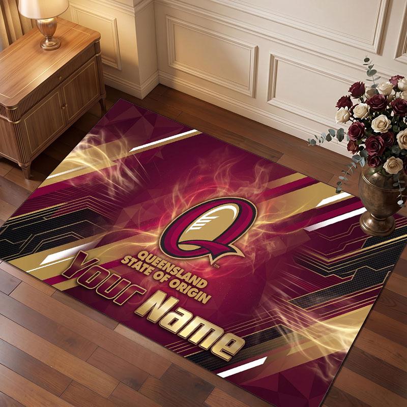 Personalisierter Kristall-Samt-Teppich der Queensland Maroons, Weicher Anti-Rutsch-Teppich mit individuellem Namens-Text für Wohnzimmer, Schlafzimmer