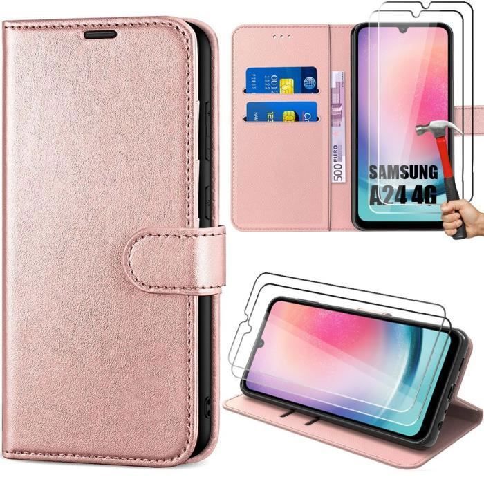 Coque de protection pour samsung galaxy a24 - booling - effet cuir elégant - rose - 2 verres trempés