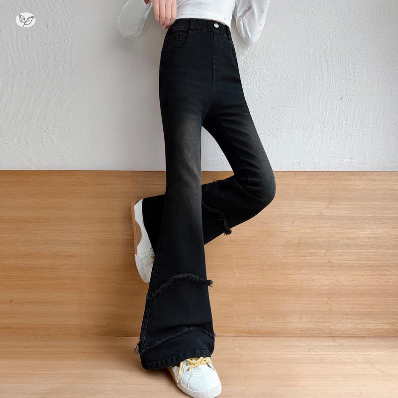 Girls' High Waist Raw Hem Tassel Denim Flare Pants - Autumn 2026 New Arrivals for Medium and Large Children