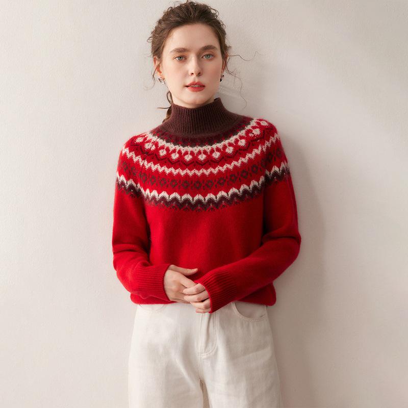 Thick Fair Isle Jacquard Half-High Collar Cashmere Wool Patchwork Sweater