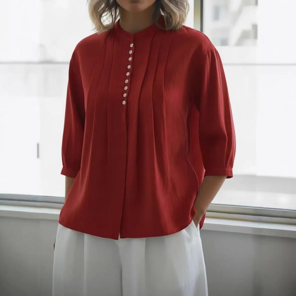 Spring and Summer New European Beautiful Women's Pure Cotton Shirt Solid Color Casual Button Pleated Shirt Women