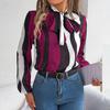 Fashion Women Long Sleeve Blouse Stripe Print Bow Collar Shirt Spring Autumn Top Temperament