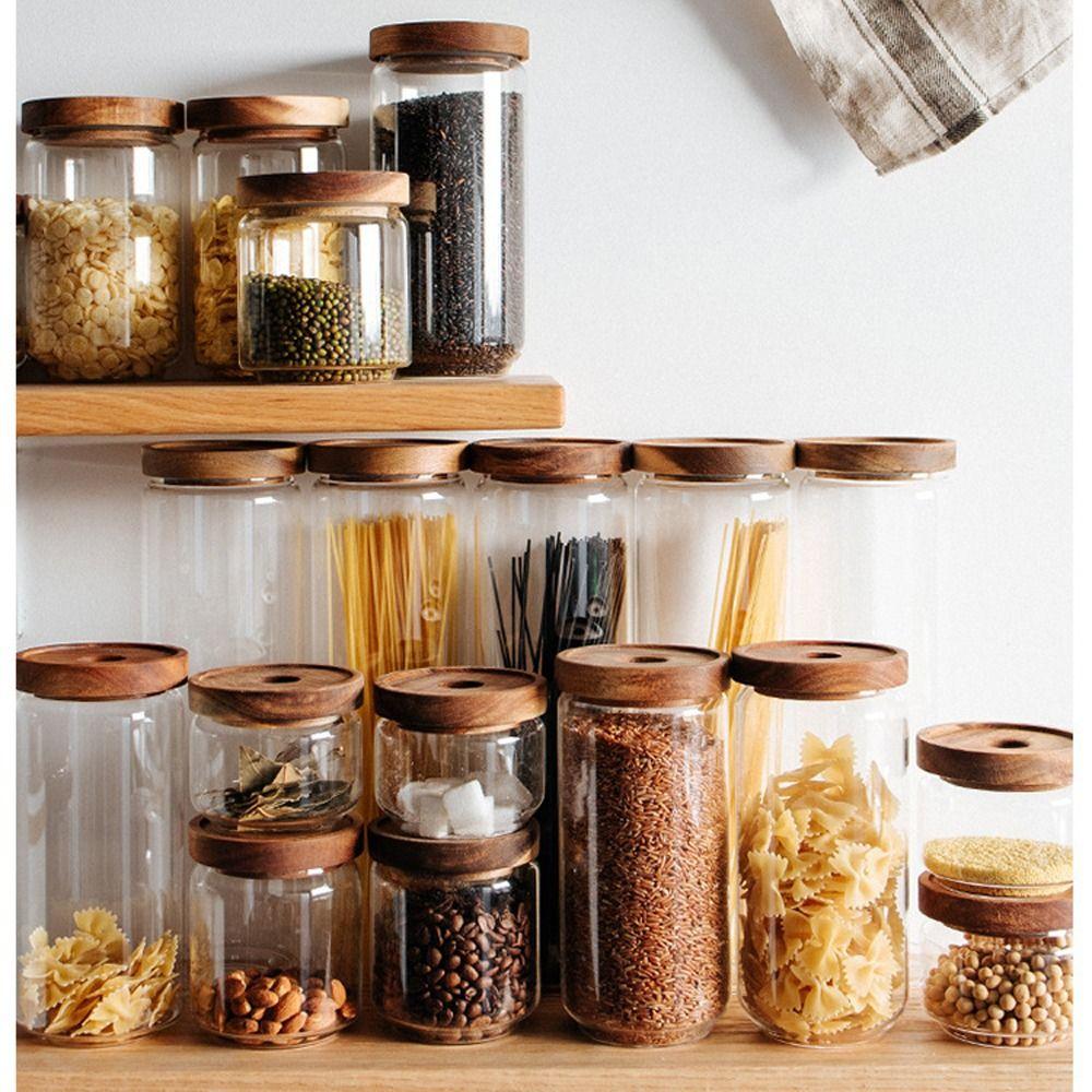 Wooden Lid Glass Food Storage Jar Clear Kitchen Container  Kitchen Accessories