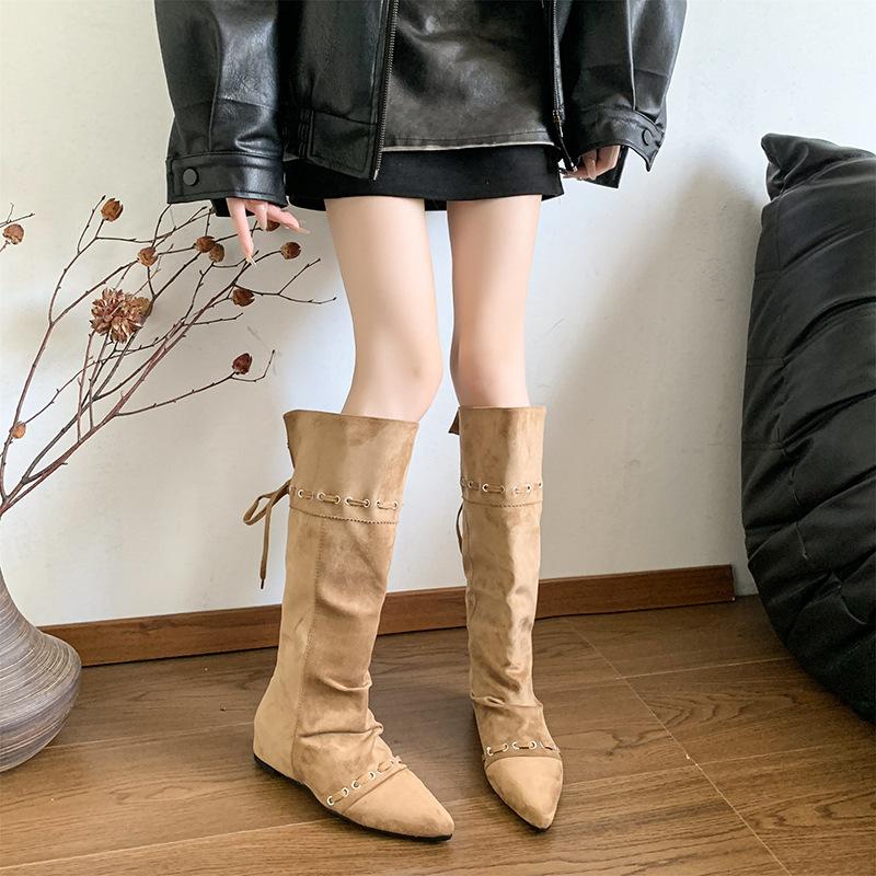 Wasteland Wind Pointed Inner Height Increase Boots Children 2025 New Summer and Autumn Thin Western Cowboy Pile Middle Boots