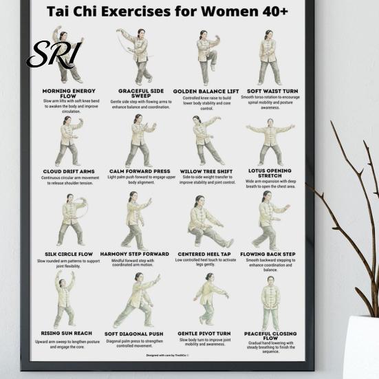 Tai Chi Chair Exercise Poster Workout Unframed Routine Clear Visual Instructions Low Impact Guide Seated Chart for Seniors Beginners Gentle