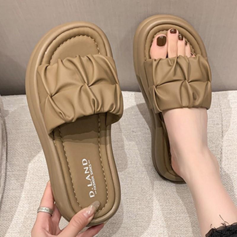 Fashion Womens Summer 2025 Platform Flip Flops Crinkle Design Open Toe Casual Sandals Thick Sole Beach Slipper Outdoor Vacation Comfort