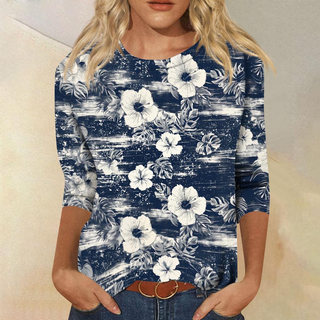 Módní vintage top s 3/4 rukávem pro ženy, dámská ležérní halenka s tříčtvrtečním rukávem a kulatým výstřihem s potiskem