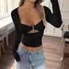 Women Long Sleeve Square Neck Cut Out Metal Detail Slim Fit Crop Top