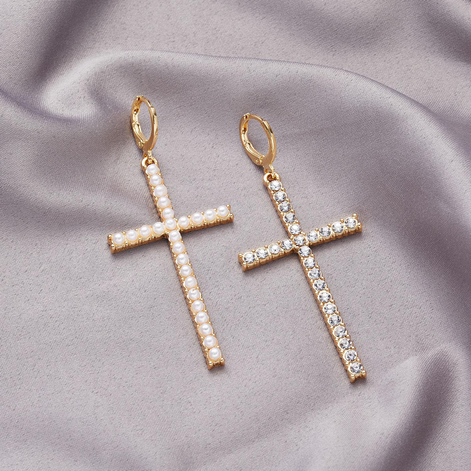 Korean Minimalist Zircon Pearl Drop Earrings for Women Simple Geometric Cross Earring Girls Rhinestone Pendant Mujer Jewelry
