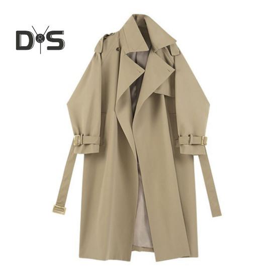 

Женская ветровка с отложным воротником, свободное однотонное пальто с длинными рукавами, декорированное поясом, пальто средней длины с карманами, ветрозащитная женская куртка XL хаки