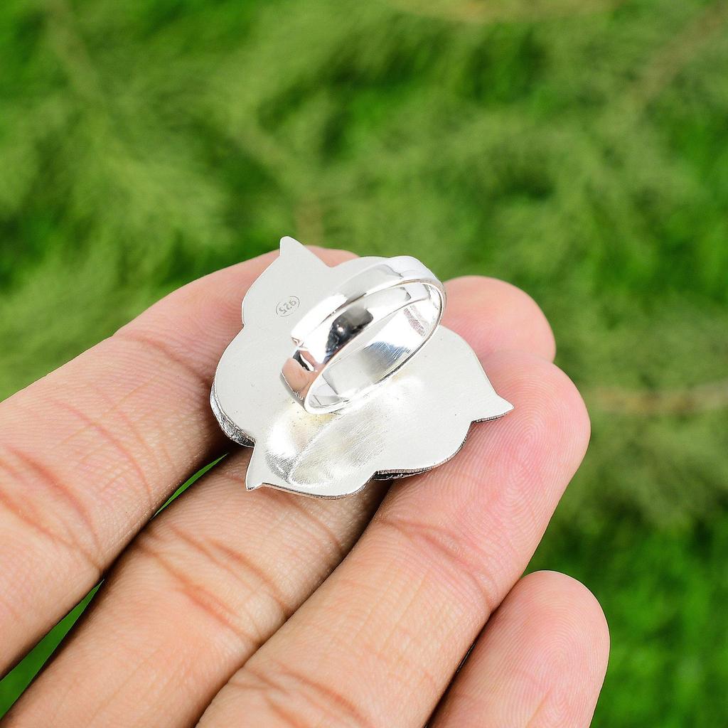 Round Rainbow Moonstone Stone 925 Silver Daughter Flower Trendy Statement Ring