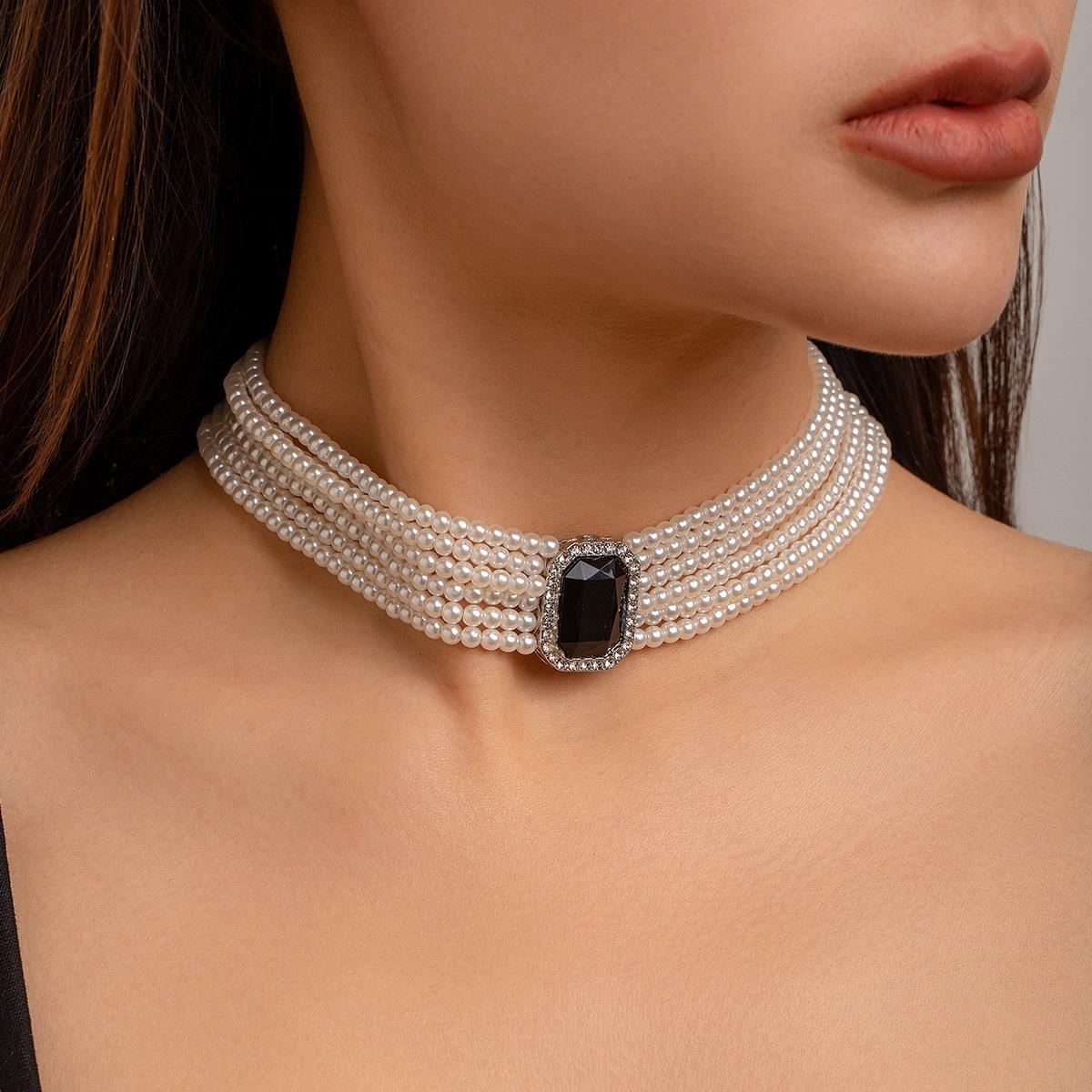 DIEZI French Style Elegant Multilayer Square Gem Stone Necklace Women Girls Vintage Imitation Pearl Choker Statement Necklace чёрный