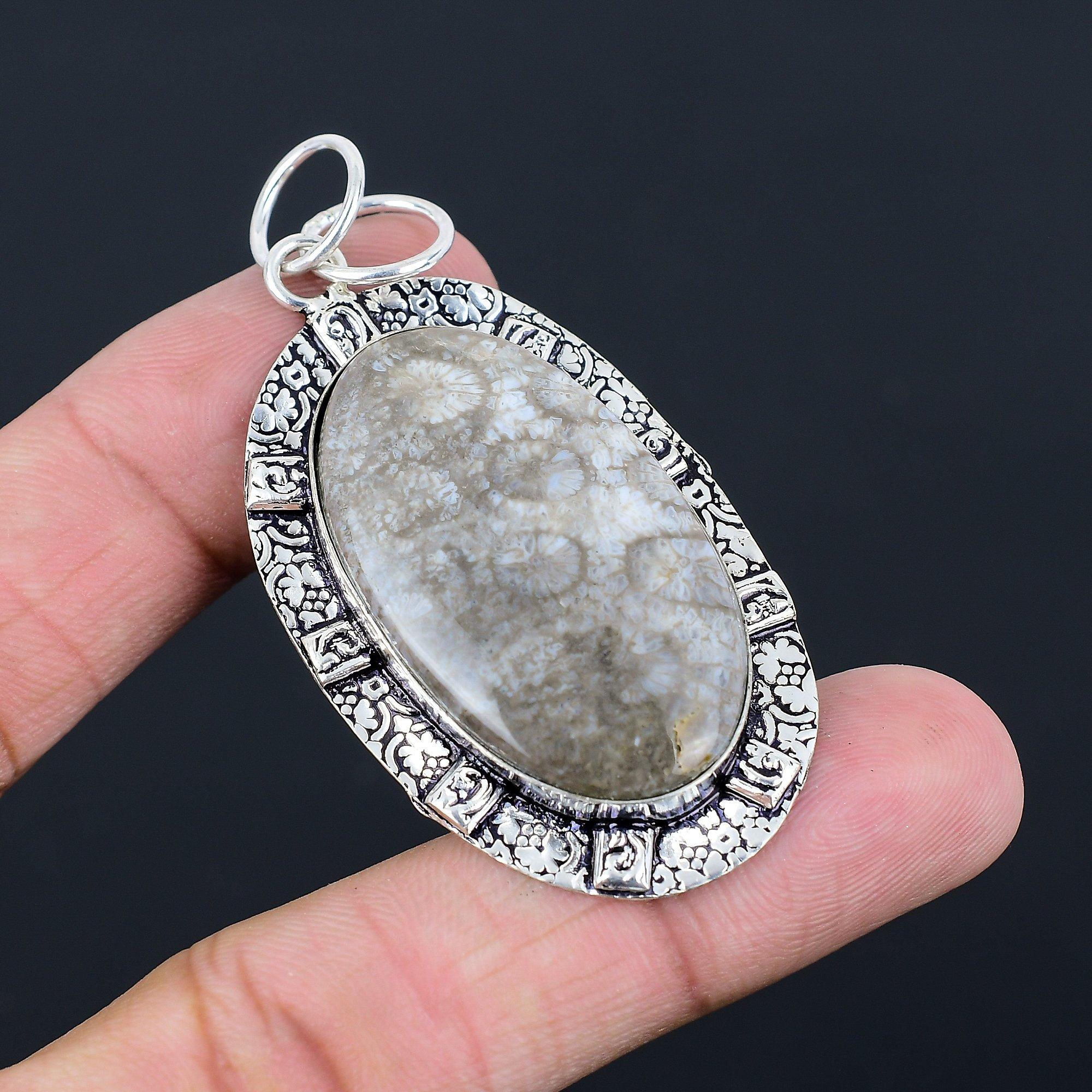 Sterling Silver Fossil Coral Stone Boho Wedding Anniversary Unique Bezel Pendant