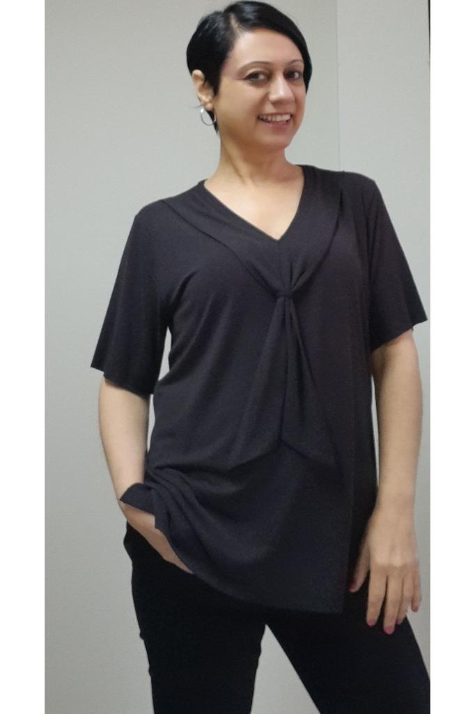 Damen Stil Große Größe T-Shirt Schwarz Schalkragen Kurzarm Gekämmte Viskose T-Shirt