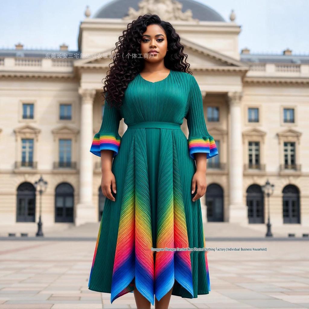 Autumn 2025 Elegant Gradient V-Neck Plus Size Dress for Women