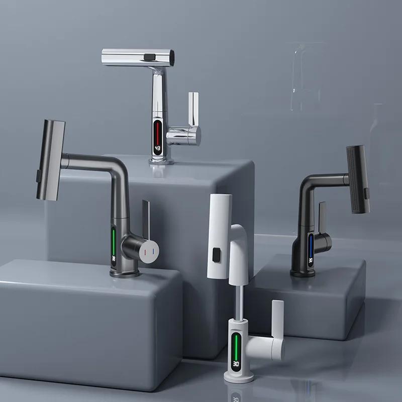 Cascade Dorée Température Affichage Numérique Robinet de Bassin d'Eau Chaud/Froid Mélangeur d'Évier Robinet de Salle de Bain/Cuisine Robinet Extensible