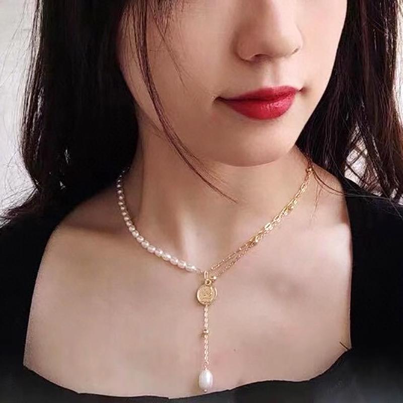 Sweet and Cool Natural Freshwater Pearl Necklace Ins Niche High Sense 11k Gold Injection Splicing Fringed Gold Coin Necklace Women
