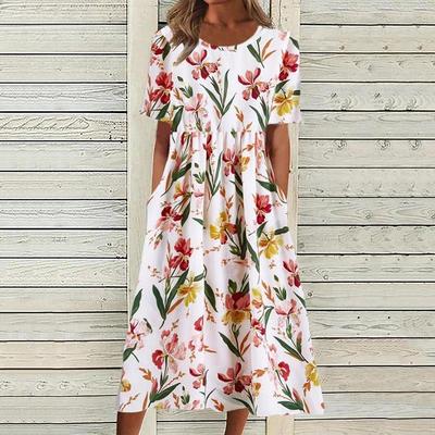 Women's Fashion Summer Spring Flower Pattern Print Short Sleeve O-Neck Middle Waistline Casual Dresses