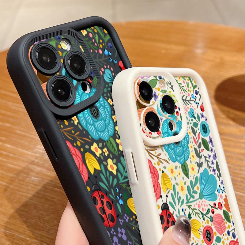 Colorful Flowers Ladybug Pattern Shockproof Phone Case For iPhone 16e 16 15 14 Pro Max 13 12 Pro 11 14 15 16 Plus Silicone Soft Matte Cover Fundas