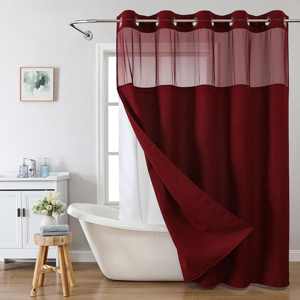 

Шторка для душу з вафельним переплетенням без гачків із тканинною підкладкою на застібках, шторка для душу для ванної кімнати з прозорим верхнім вікном, водовідштовхувальна, можна прати W180cm*L188cm（71 *74 ）