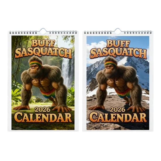 Nástěnný kalendář 2026 Vtipný fitness kalendář Sasquatch 12měsíční kalendář Humorný dárkový předmět s tématikou posilovny pro muže, fanoušky kryptidů, milovníky fitness