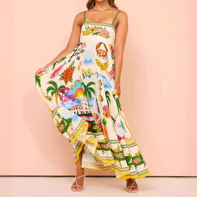 

European American Women s Clothing Vacation Style Graffiti Print Thin Suspender Waist Dress 3XL