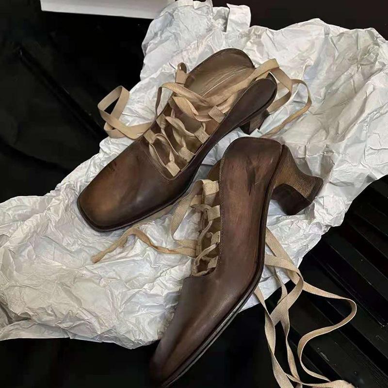 

Vintage Womens Mary Jane Shoes Lace Up Ballet Shoes Chunky Heels 40