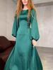2024 Spring European & American Lace-Up Waist Puff Sleeve Long Dress