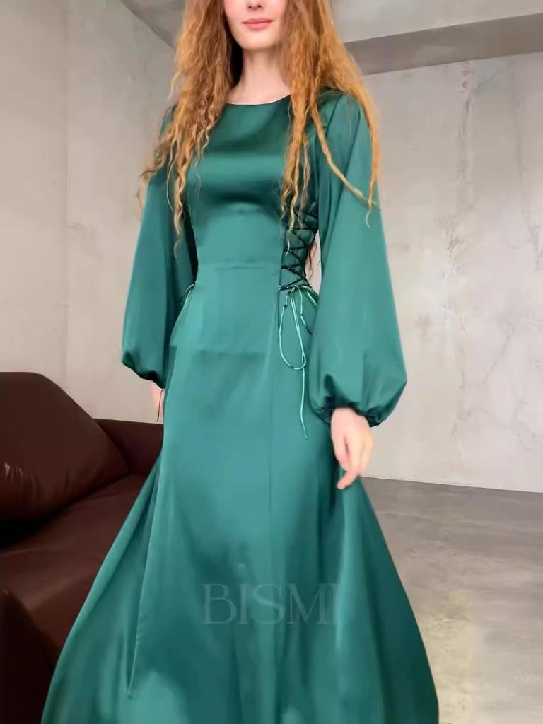 2024 Spring European & American Lace-Up Waist Puff Sleeve Long Dress