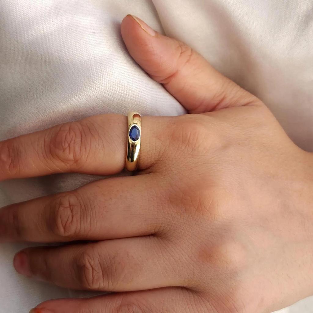 Oval Cut Blue Sapphire Signet 925 Sterling Silver Yellow Gold Overlay Ring Jewelry