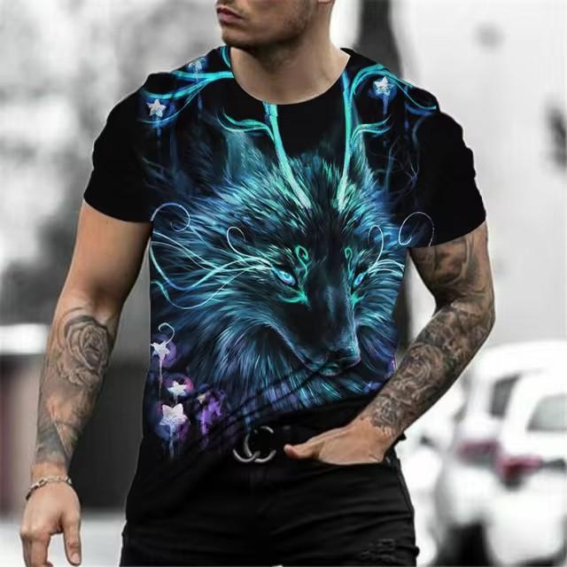 Summer Round Neck 3D Wolf Print Top Fashionable Casual Short Sleeved Men's T-shirts