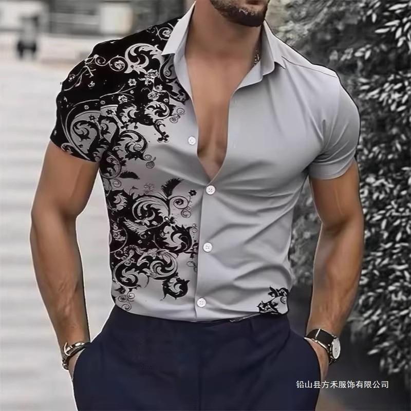 Men Casual Loose Printed Short Sleeve Shirt S