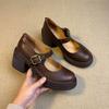 Sheepskin Version~ Round Head High Heel Mary Jane Shoes Women's Leather One-word Buckle Light Mouth Single Shoes Thick Heel Retro Small Leather Shoes