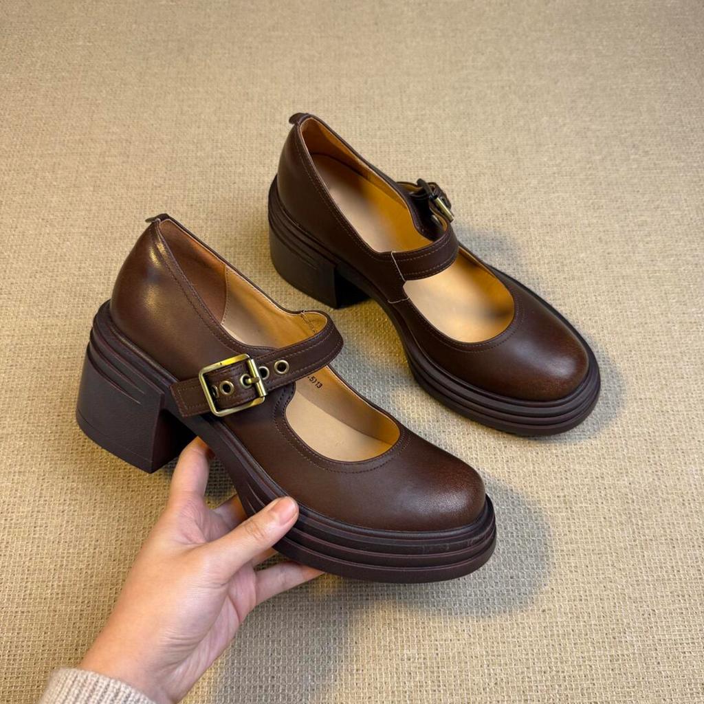 Sheepskin Version~ Round Head High Heel Mary Jane Shoes Women's Leather One-word Buckle Light Mouth Single Shoes Thick Heel Retro Small Leather Shoes