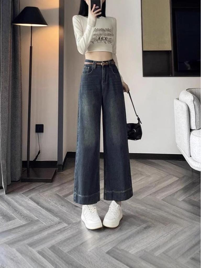 Retro Blue Women's Wide Leg Jeans - Petite, Nine-Point, Loose Fit, Straight Leg for Spring/Summer