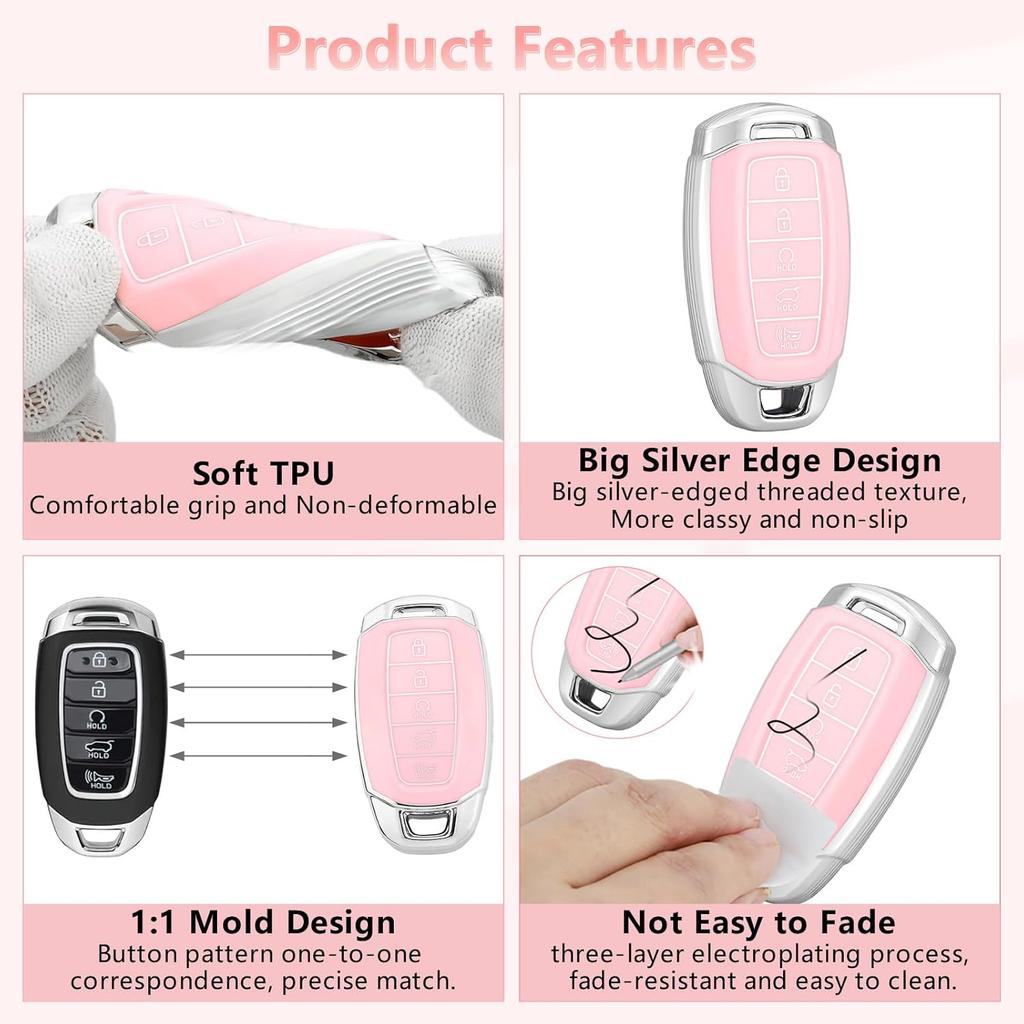 PIFOOG For Hyundai Elantra Key Fob Cover Palisade 5 Buttons Car Keys Case Shell Protector Full Covers Pink Bling Keychain Accessories Girly Women