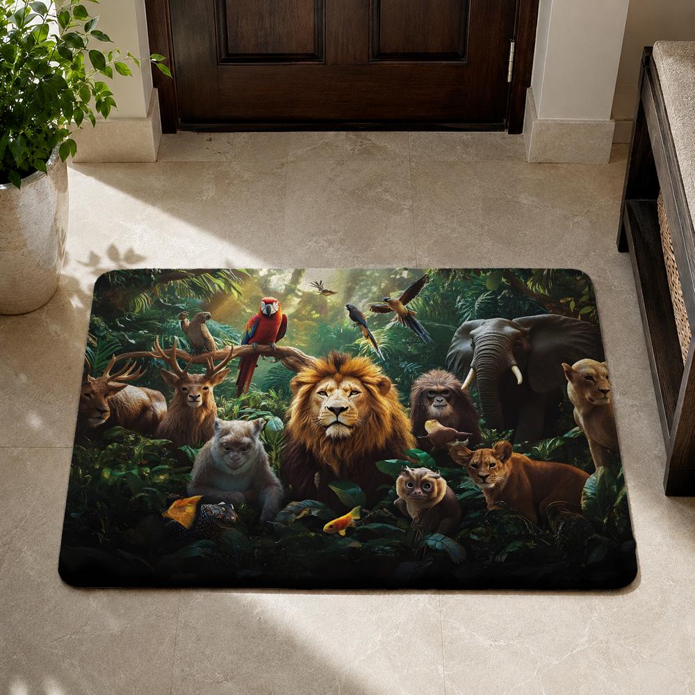 Jungle Animal Theme Design Floor Mat Flannel Rug Non Slip Absorbent Soft Washable for Entryway Hallway Bathroom Kitchen Decor