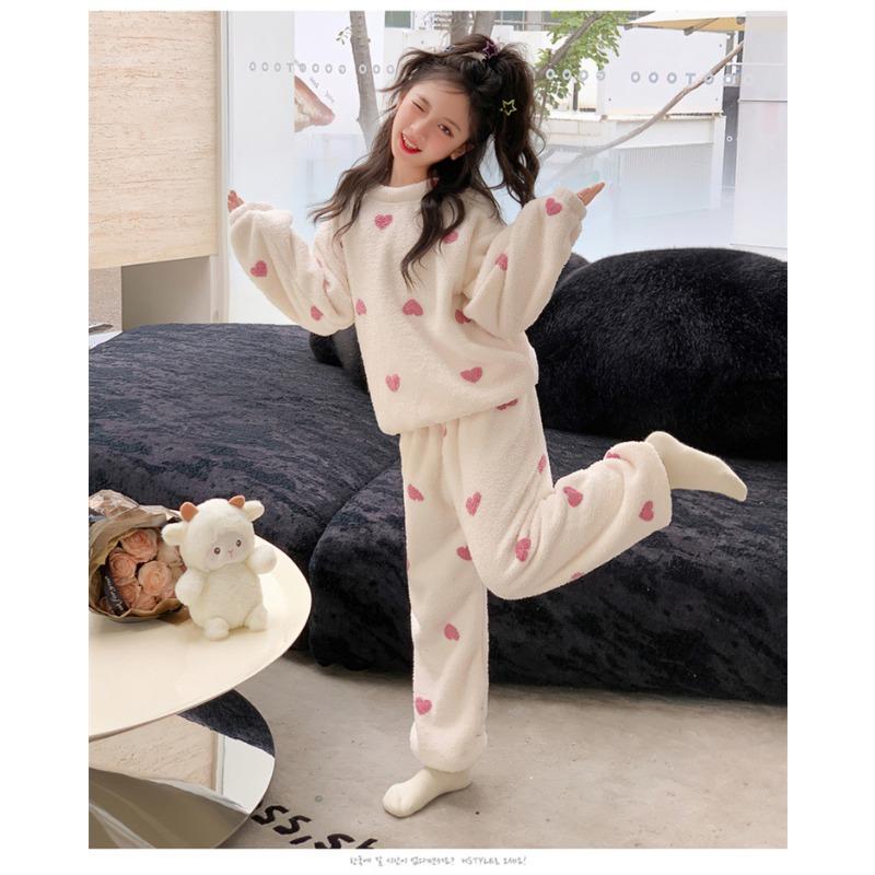 Girls Winter Coral Fleece Loungewear Set Big Kid Heart Pattern
