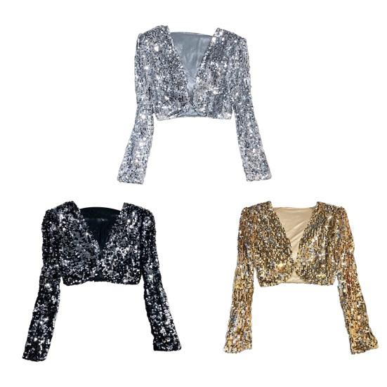 Women's Sequin Shrug Open Front Long Sleeve Cropped Bolero Jackets Sparkly Party Club Going Out Cardigan